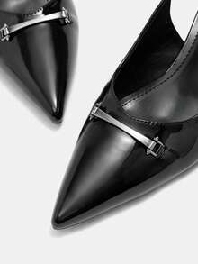 CUCCOO CURVES 女鞋 女士尖头搭扣设计 日常百搭时尚宽楦高跟鞋 - 黑色 - 查看 3
