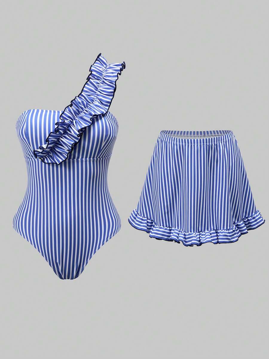 Swim Oasis Women's Vacation Ruffled One-Piece Swimsuit With Matching Cover-Up Skirt - Blue and White - View 1