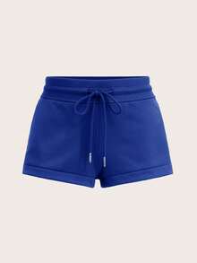 SHEIN BASICS 舒適低腰開衩運動短褲，休閒運動風寬鬆居家短褲，女款健身短褲，皇家藍，夏季 - 寶藍色 - 查看 7