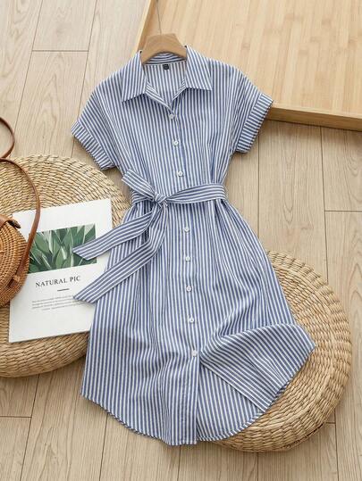Rusticease Women's Casual Striped Front Button Short Sleeve Midi Dress, Summer Tie Waist Dress Summer Work Dress Preppy Dress Button Down Dress For Women Blue Striped Dress Womens Summer Dresses Womens Summer Outfits Casual Dresses For Women Summer Womens Summer Co Ord Casual Summer Dress Stripe Dress For Women Picnic Dress New Arrival Dress Short Sleeve Dress