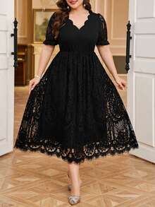 Reflora Vestido de fiesta elegante con cuello en V y cintura fruncida para mujer de talla grande - Negro - Ver 9