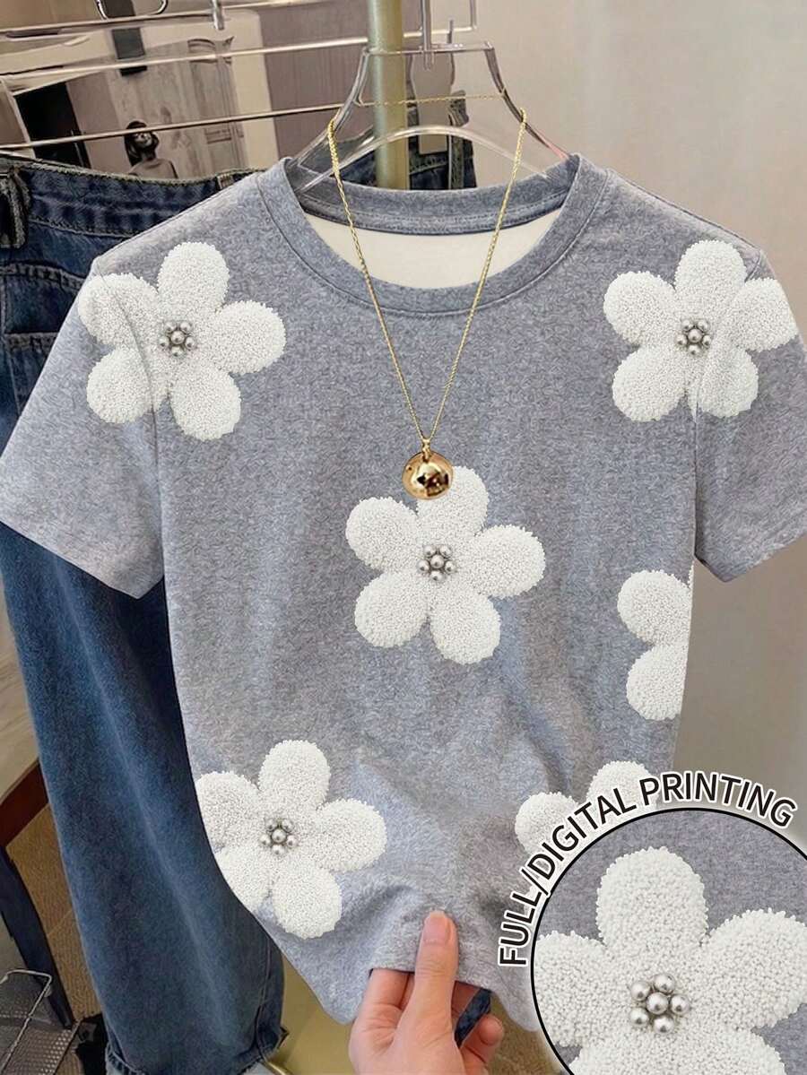 Resyla 女士全幅印花休闲T恤,可爱花朵图案,Y2K街头风,返校季T恤,度假休闲印花T恤 - 彩色 - 查看 1
