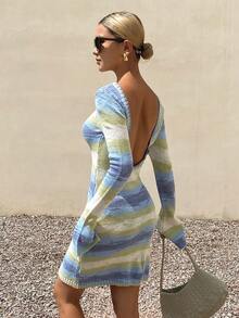 DAZY Đầm len hở lưng kẻ sọc dành cho nữ, thích hợp cho kỳ nghỉ biển. - Màu xanh lam - Xem 5