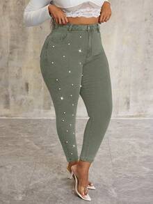 SHEIN SXY Plus Size Pearl Decor Stretchy Green Denim Skinny Pants Formal Holiday Spring Casual - Army Green - View 3