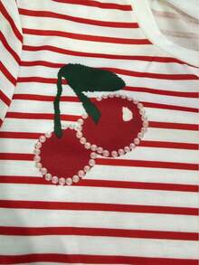 Women's Summer Short Sleeve Striped Cherry Print T-Shirt, Summer Clothing - Multicolor - View 5