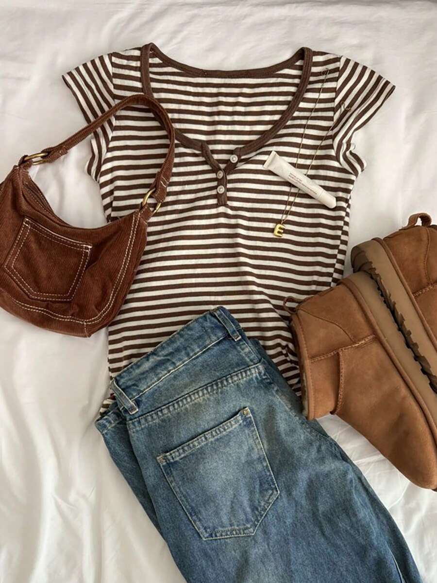 IslaSuriya Women's White Button Design Short Sleeve Casual 2000s T-Shirt Brunch School Summer - Brown - View 1