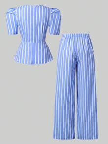 SHEIN Sparklyn 两件套少女T恤套装，蓝白条纹泡泡袖短款上衣搭配休闲直筒裤，女士夏季套装，女士两件套，夏季女士夏季套装，春季女装 - 藍色 - 查看 3