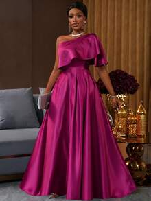 SHEIN Lunessa Váy midi chữ A thắt eo sang trọng, mềm mại, óng ánh, dự tiệc/dịp đặc biệt dành cho nữ - Màu đỏ tím - Xem 5