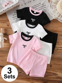 SHEIN 3套/6件女嬰夏季套裝包，可愛蝴蝶結刺繡上衣配對比色滾邊圓領與配套短褲套裝，超柔軟輕盈透氣面料，簡約甜美休閒風，適合0-3歲，日常穿著、遊戲約會與度假的百搭套裝 - 彩色 - 查看 7