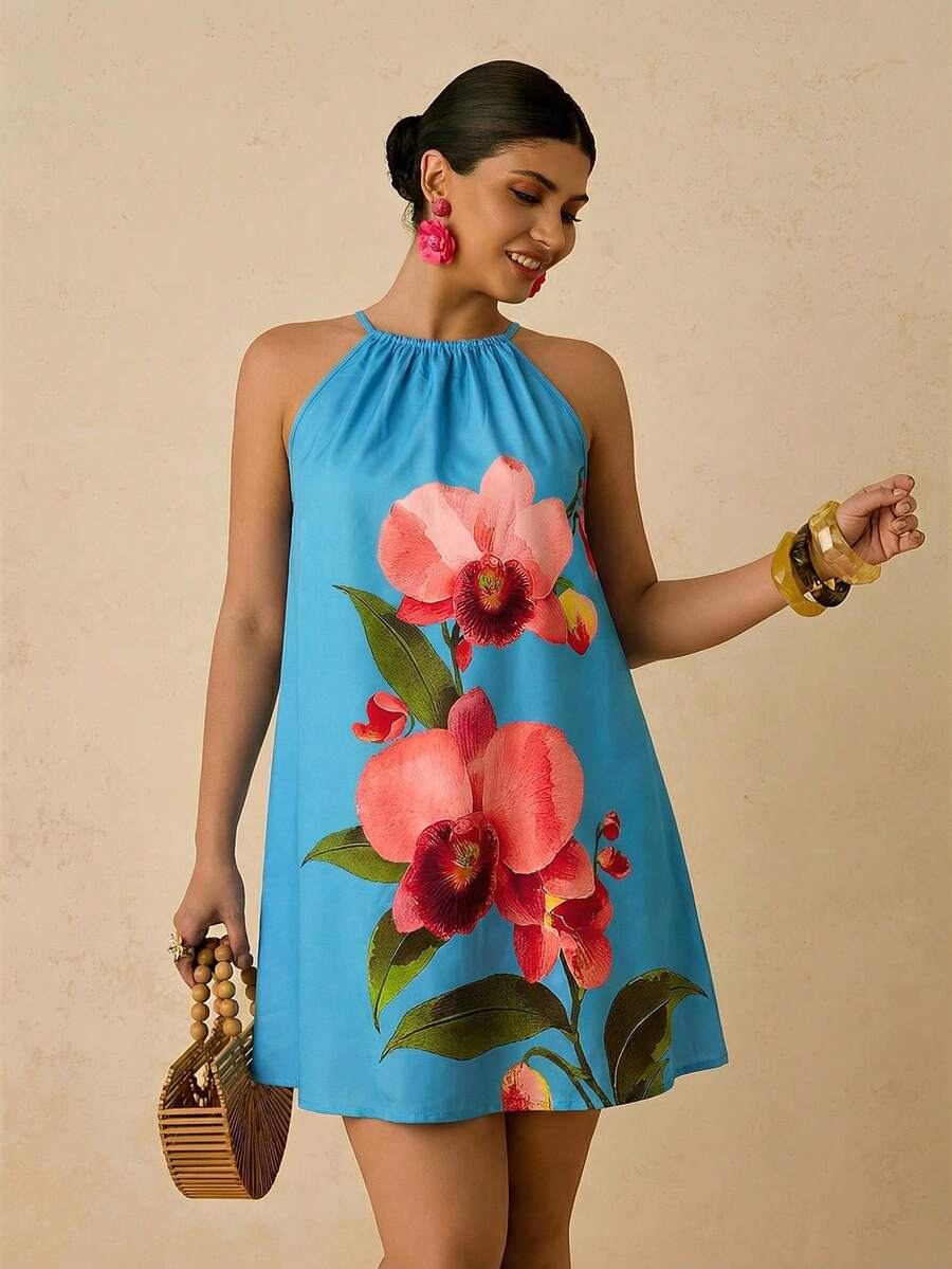 Travachic Plus Size Romantic Green Floral Print Halter Tie Strap Vacation Mini Dress For Women - Baby Blue - View 1