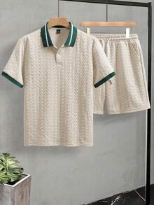 EGENSIO Men's Textured Solid Polo Shirt & Drawstring Shorts Set Spring To Summer - Apricot - View 6