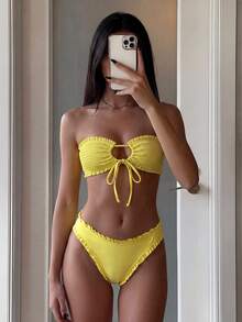 Swim Mod Bộ bikini tam giác buộc dây phía trước, màu trơn, viền bèo nhún, dành cho nữ, thích hợp mặc đi biển mùa hè. - Màu vàng - Xem 1