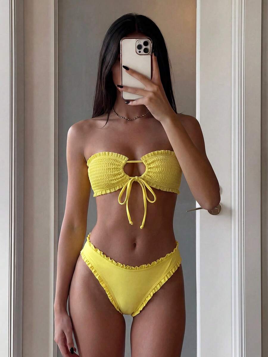 Swim Mod Bộ bikini tam giác buộc dây phía trước, màu trơn, viền bèo nhún, dành cho nữ, thích hợp mặc đi biển mùa hè. - Màu vàng - Xem 1