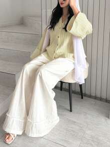 Modelyn Plus Size Women Solid Color Casual Versatile Daily Wear Shirt - Pale Yellow - View 7