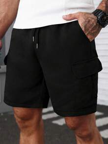 Manfinity Homme 加大码男士纯色斜插口袋休闲度假短裤 - 黑色 - 查看 5