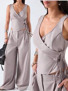 LYSMO 2026新款极简主义春夏女装纯色侧系带马甲裤套装，适合办公室工作穿着，也适合高个女装、职业装和游艇装。 - 淺灰紫 - 查看 5