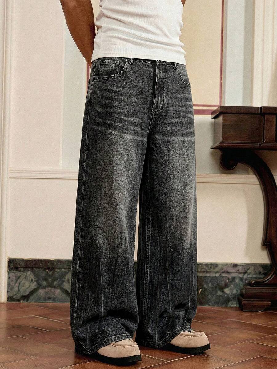 SWAVVY 男士休闲水洗斜插口袋宽松牛仔裤 - 黑色 - 查看 1