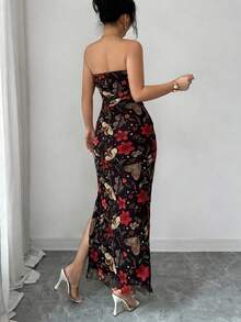 Vestido de fiesta elegante de mujer con cintura ceñida, estampado de malla teñida anudada y abertura lateral - Rojo y negro - Ver 3