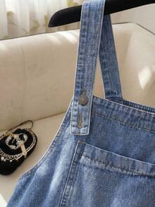 SHEIN MOD Bộ áo liền quần denim dáng rộng, xếp ly, có túi, dành cho nữ. - Rửa tối - Xem 4