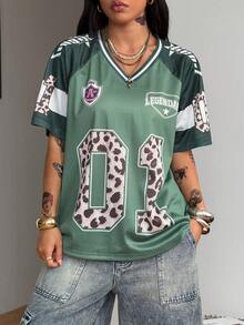 Coolane Áo thun nữ mùa xuân hè phong cách đường phố Y2K họa tiết da báo, số in trên áo, kiểu áo bóng đá cổ chữ V, màu hồng. - Màu xanh Bạc hà - Xem 6