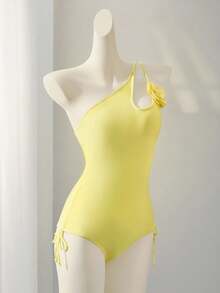 SHEIN Swim 1 buah Baju Renang Wanita Terusan Seksi Tanpa Punggung dengan Dekorasi Bunga 3D, Cocok untuk Liburan Musim Panas - Kuning - View 7