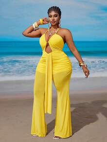 Maweii Plus Size Women Sexy Hollow Out Mesh Fabric Backless Jumpsuit - Yellow - View 2
