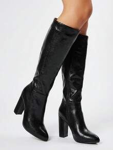 ROMWE Goth 2025 年秋冬搭配夹克，肯德尔风格修身方头高筒粗跟弹力马靴，适合女士，适合搭配开衫时尚毛衣、黑色靴子 - 黑色 - 查看 6