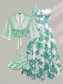 Franclia 大码女式印花雪纺喇叭袖外套和吊带裙两件套，优雅度假装，印花浪漫雪纺连衣裙配开衫 - 薄荷綠 - 查看 1