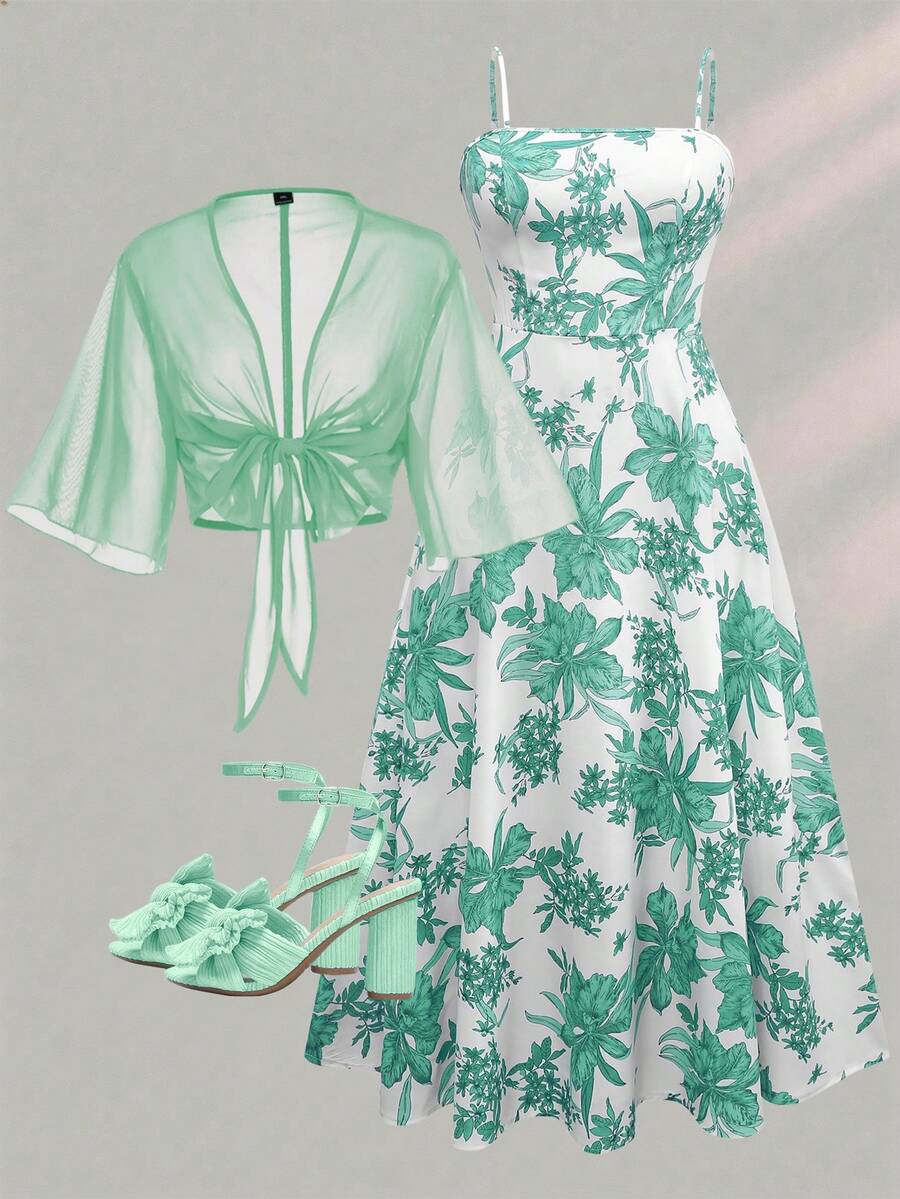 Franclia 大码女式印花雪纺喇叭袖外套和吊带裙两件套，优雅度假装，印花浪漫雪纺连衣裙配开衫 - 薄荷綠 - 查看 1