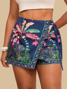 Travachic Quần short đi biển phong cách Bohemian cỡ lớn, thoải mái, có dây buộc và viền bèo nhún dành cho nữ. - Màu xanh lam - Xem 1