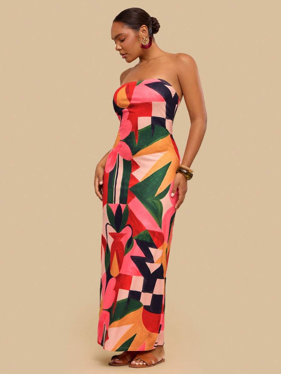 Travachic Plus Size Women's Tropical Print Strapless Dress, Stretchy Knit Long Dress For Summer Vacation - Multicolor - View 1