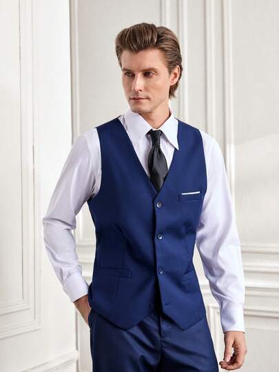 Officeau Furuyal Men's Suit Vest, Gentleman Contrast Color Single-Breasted Slim Fit Fashion Wedding Suit Set With Tie, Suitable For Business, Party, Travel, Formal Occasions, Size XS-XXXL