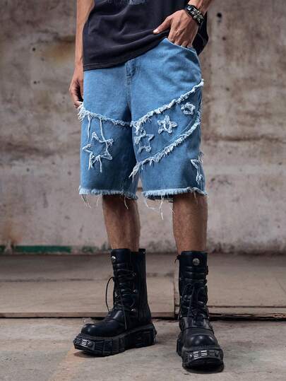 Manfinity EMRG Shorts vaqueros casuales con dobladillo deshilachado y bordado, estilo streetwear estadounidense