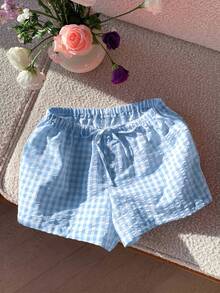 Comfortcana 2026 Spring/Summer New Fashion Women's Casual Blue Plaid Cotton Linen Shorts, New Year Outfit Plaid Shorts - Blue - View 5