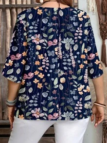 EMERY ROSE Navy Blue Watercolor Print Casual Minimalist Style Shirt For Women, Suitable For Spring And Summer,Summer Top - Multicolor - View 2