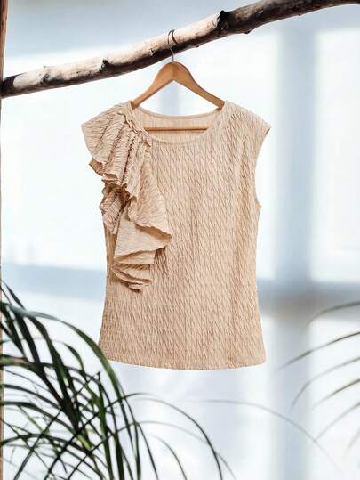 Zanirela Zanirela Women's Textured Fabric Solid Color Knitted Crew Neck Pleated Sleeveless Top With Unique 3D Floral Ruffle Shoulder Design, Spring/Summer,Going Out Tops Women,Babydoll Top,Back To School,Vacation