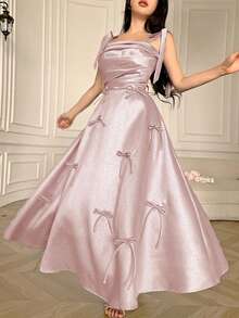 Feyla Vestido elegante de mujer con lazo decorativo y hombros retorcidos de unicolor - Rosa Pálido - Ver 4