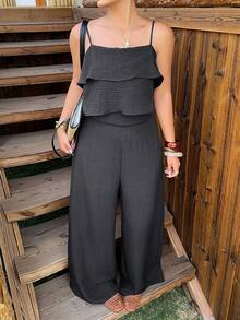 Dazy Plus Spring/Summer Vacation Style Cropped Camisole Top With Ruffle Hem And Casual Pants Set, Plus Size - Dark Grey - View 6