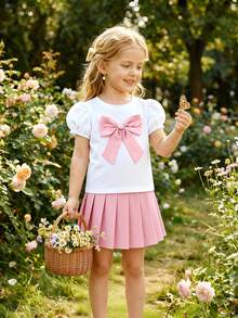 Elladie kids 2 pièces/Set Jeunes filles Top à manches courtes en tricot ivoire avec volants et nœud, et jupe plissée rouge avec perles. Tenue décontractée pour la Saint-Valentin, vêtements de printemps pour filles d'école. Tenues habillées pour filles. Vêtements pour filles. - Rose bonbon - Voir 8