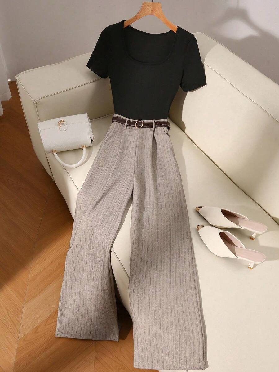 Franclia Women's Solid Color Round Neck Short Sleeve T-Shirt And Striped Wide Leg Pants Casual Suit - Khaki - View 1