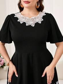Levarali Plus Size Elegant Lace Hand-Embroidered Floral Black And White Dress,Short Sleeve Contrast Color Summer Wedding Guest Dress,Luxury Evening Outfits - Black and White - View 5