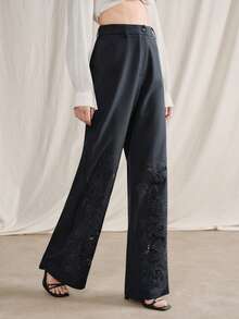 Anewsta Urban Chic Retro Hollow Embroidered High-Waist Straight-Leg Pants For Office/Commute - Navy Blue - View 4