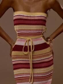 MUSERA Đầm maxi ôm sát eo, kiểu quây, kẻ sọc, chất liệu dệt kim, khoét eo, buộc dây, gợi cảm, dễ thương, thích hợp cho kỳ nghỉ hè, du lịch, đi chơi, tiệc tùng, phong cách Ibiza, thanh lịch, hoàng hôn. - Nhiều màu - Xem 2