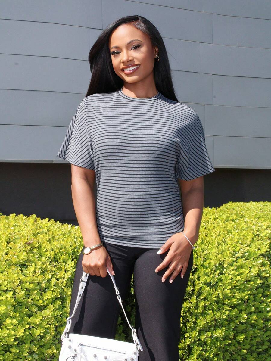 Women's Fall Minimalist Y2K Basic Daily Wear Casual Back To School Streetwear Stretchy Striped Loose Ruched Crop Tees - Grey - View 1