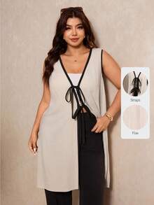 Elaquor Plus Size V-Neck Sleeveless Long Shirt,Women's Summer Tunic Vest With Contrast Color Collar And Front Tie,Black,Smart Casual,Everyday Fashion Blouse - Apricot - View 1