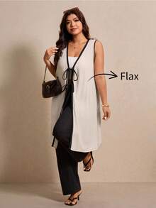 Elaquor Plus Size V-Neck Sleeveless Long Shirt,Women's Summer Tunic Vest With Contrast Color Collar And Front Tie,Black,Smart Casual,Everyday Fashion Blouse - Apricot - View 3