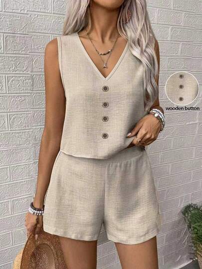 EMERY ROSE Women's Summer Solid Color Linen-Like V-Neck Decorative Wooden Button Woven Regular Fit Sleeveless Top + Shorts Set