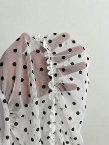 Elamini 女士夏季休闲纯黑色波点网纱性感抹胸上衣 - 白色 - 查看 6