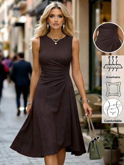 Editum Women's New Elegant Round Neck Solid Soft Purple Ruffle Hem Versatile Mini Dress, Suitable For Dates, Afternoon Tea, Valentine's Day, Birthday, Family Gatherings