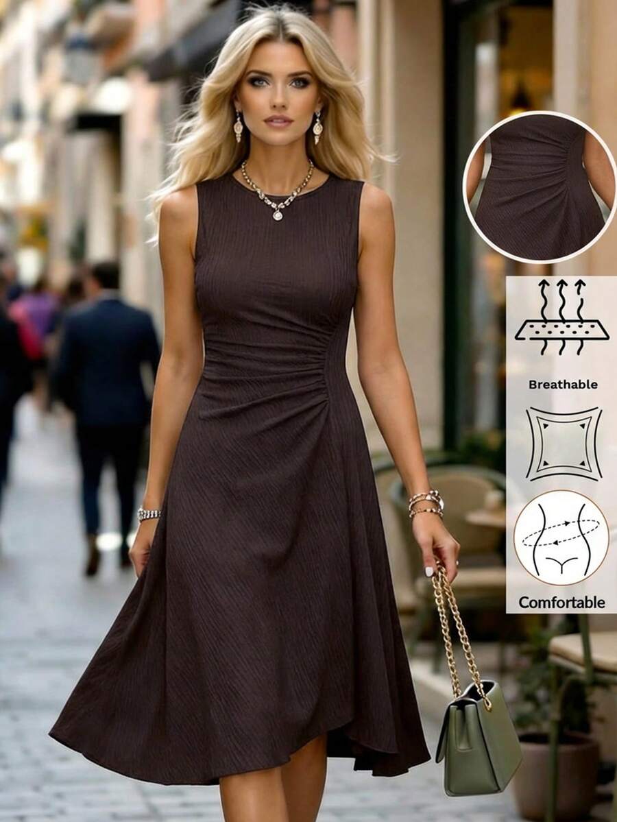 女士新款优雅圆领纯色柔软紫色荷叶边下摆百搭迷你连衣裙，适合约会、下午茶、情人节、生日、家庭聚会等场合。 - 咖啡棕 - 查看 1